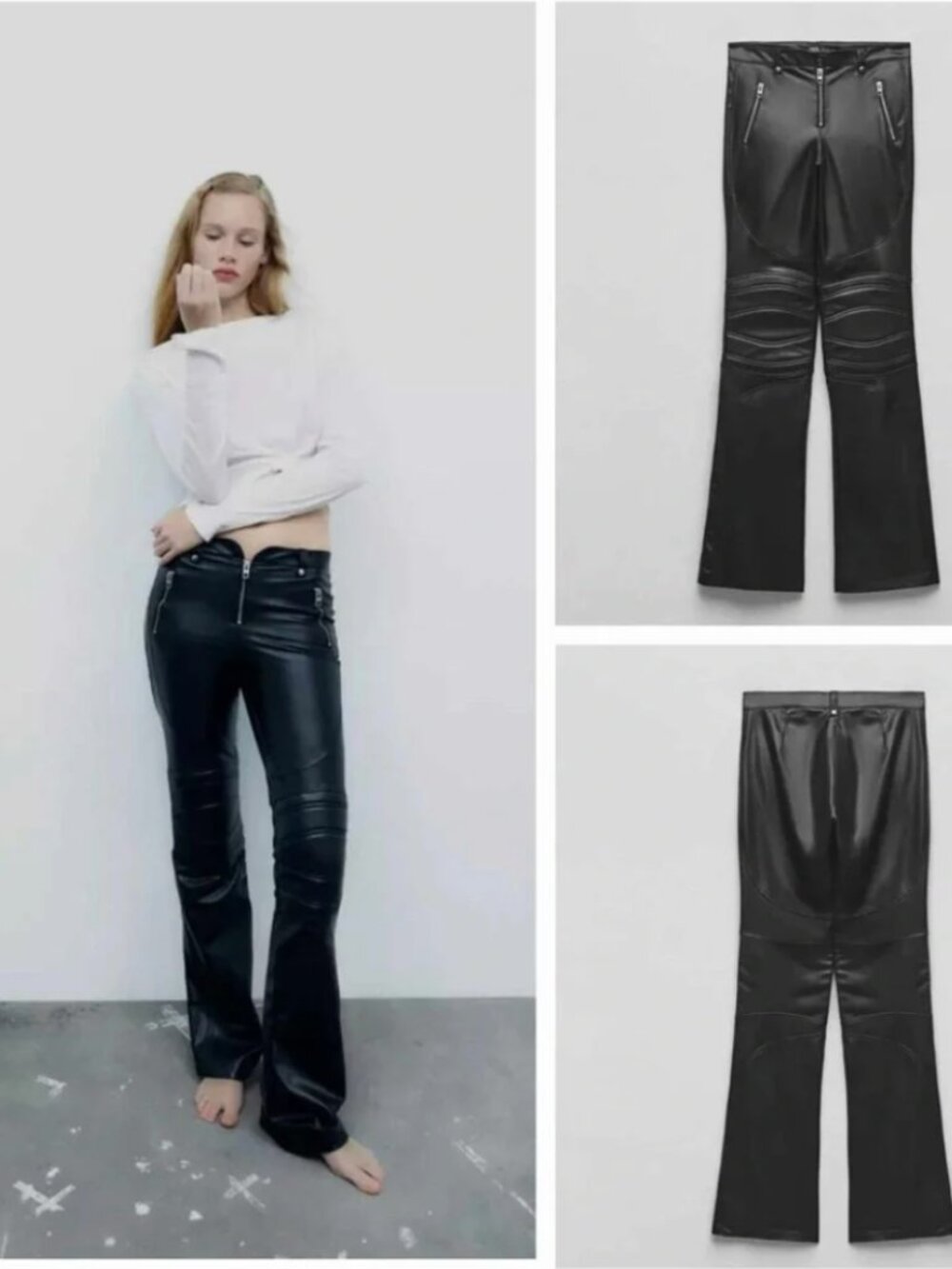 ZARA Black Zippered Faux Leather Pants Padded Knees NWT